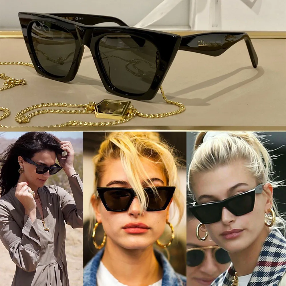 نظارة شمسية للأزياء 41468 Cat Eye Style Acetate Frame Women Figuredization Outdoor Sunglasses French Fashion Classic Runway Style مع سلسلة