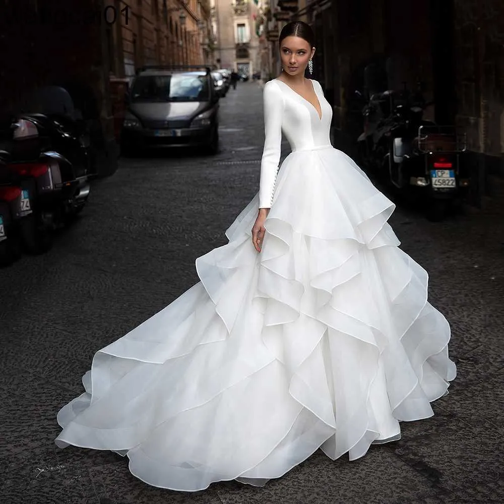 Robes de soirée moderne blanc col en v robe de bal longue Seves robe de mariée en Satin pour les femmes 2022 Vintage Illusion dos avec bouton sur mesure 0408H23