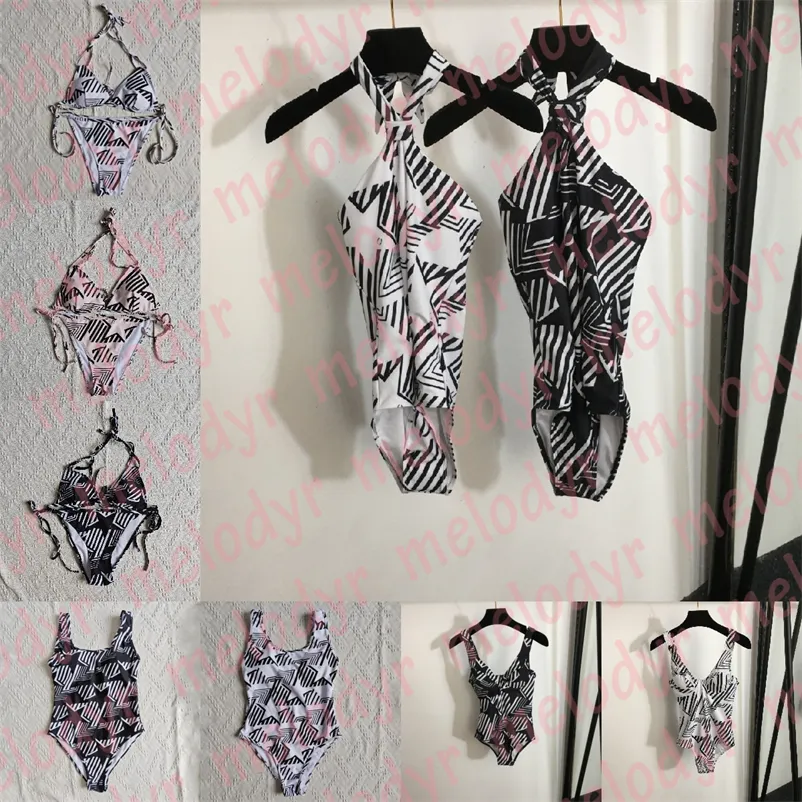 Fashion Print Swimwear Designer Women Bikini Set Summer Hollow Halter One Piece Swimsuit Summer Sexy Bandage Biquinis