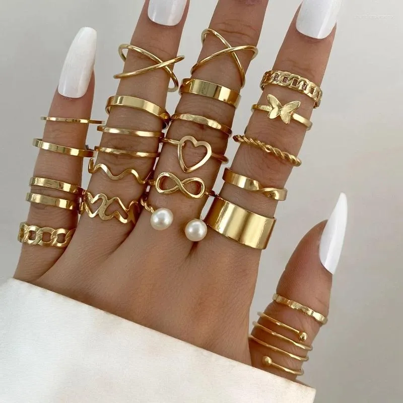 Anéis de cluster 1 conjunto pérola ouro cor conjunto vintage borboleta para mulheres geométrica moda coração anel oco jóias acessórios na moda