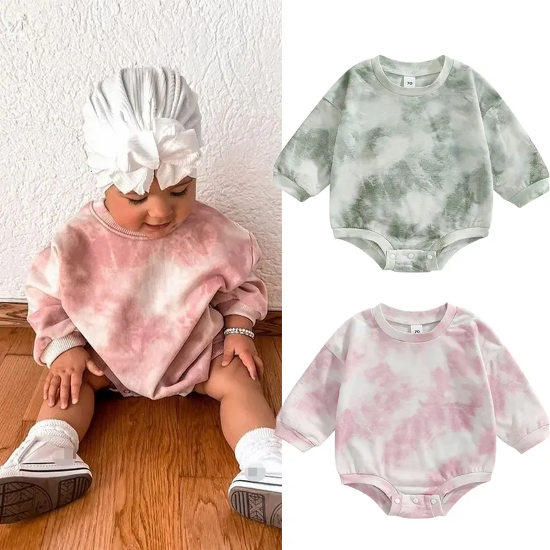 Strampler FOCUSNORM 024M Herbst-Baby-Mädchen-Jungen-Sweatshirt-Body 3-farbiger Tie-Dye-Druck-Langarm-Body mit Knöpfen 230407