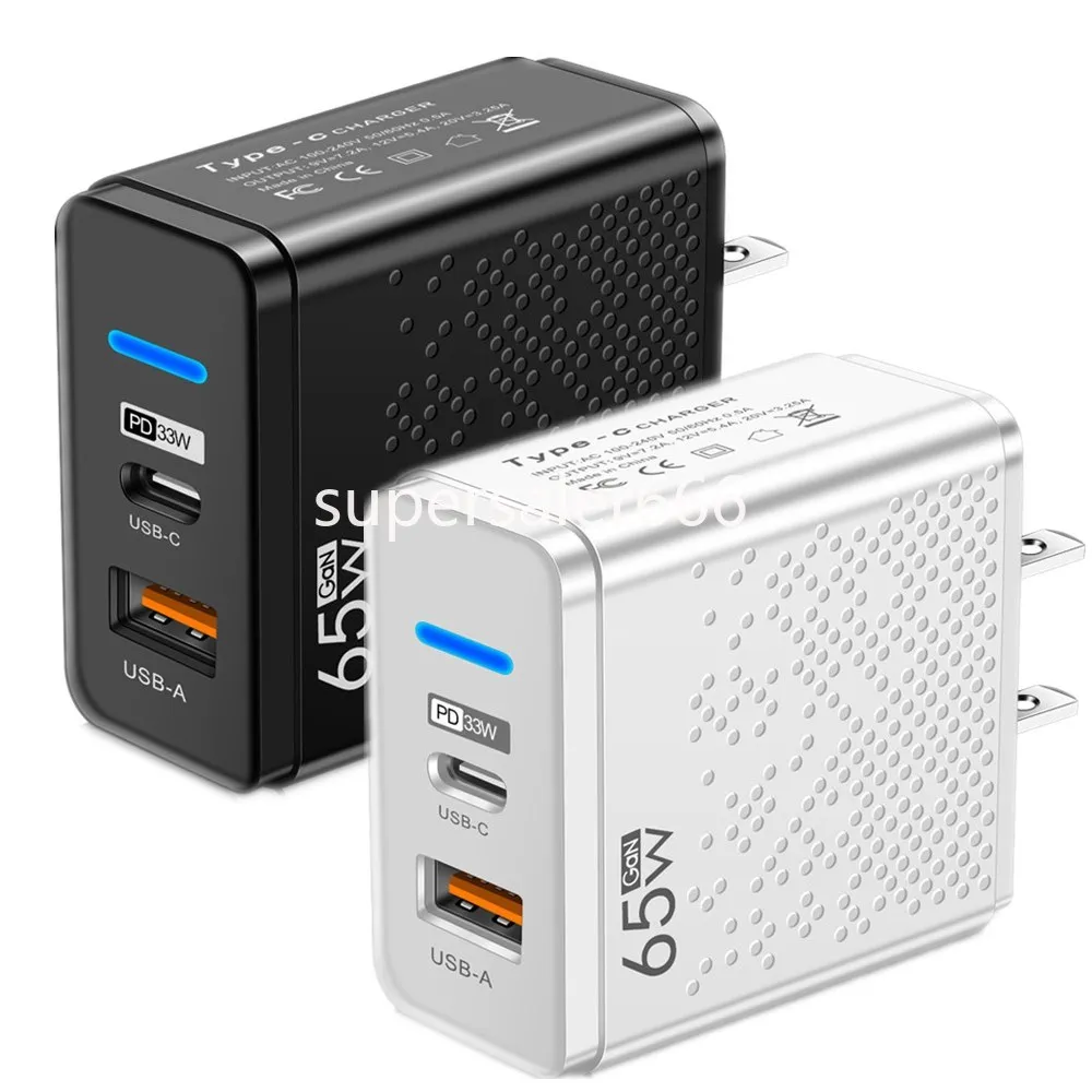 Gan 65W Dual Ports PD USB C Wall Charger QC3.0 48W 33W 12W USB Power Adapters For Iphone 12 13 14 15 Samsung S1 EU US UK plug