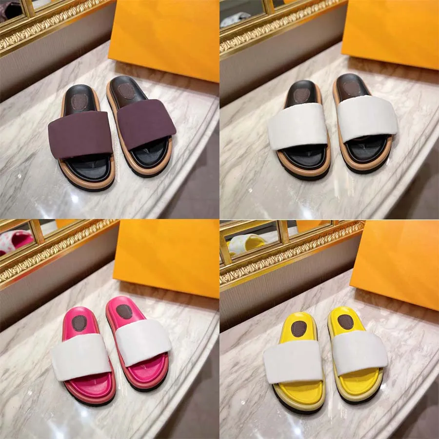 Sandales Chaussures Femmes Piscine Oreiller Confort Pantoufle Dame Sangle En Nylon Mule Designer Hommes En Cuir Coucher De Soleil Plat Semelle Extérieure En Caoutchouc Glisser Sandale