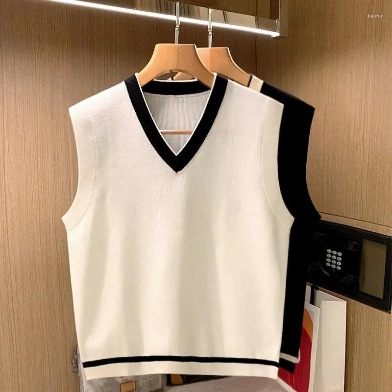 Men's Vests Sweater Vest Men Loose Contrast Color Knitted V-neck Student All-match Basic Tops Harajuku Sleeveless Jumpers Korean Trendy F142