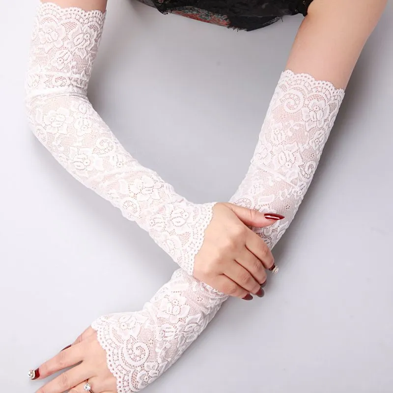 Sexy Lange Spitze Hohl-Out Fingerlose Fäustlinge Handschuhe Sonnenschutz Ärmel Mesh Spitze Dünne Radfahren Handschuhe Sommer Sonnenschutz Arm Sleevelet