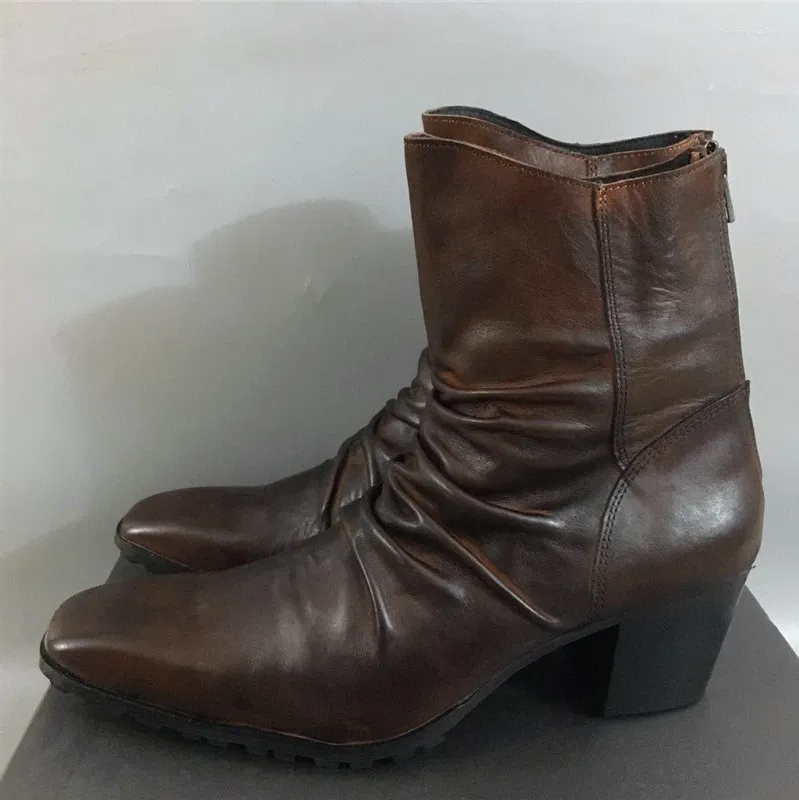 Buty Prawdziwy obraz dostosuj ręcznie wykonany 7 -cm pięty skórzana retro mężczyźni wysoko