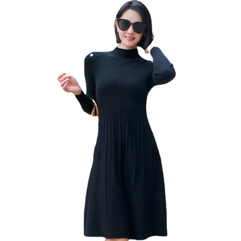 Premium Wool Knitted Midi Dress Long Sleeve Solid Color Casual