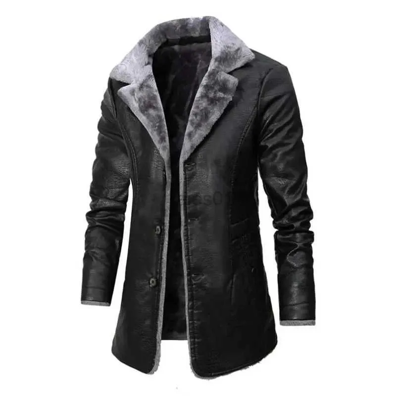 Männer Jacken Männer Winter Lange Dicke Fleece PU Leder Jacke s Streetwear Casual Business Kleidung Porcket Jacken Mantel Outwearzln231108