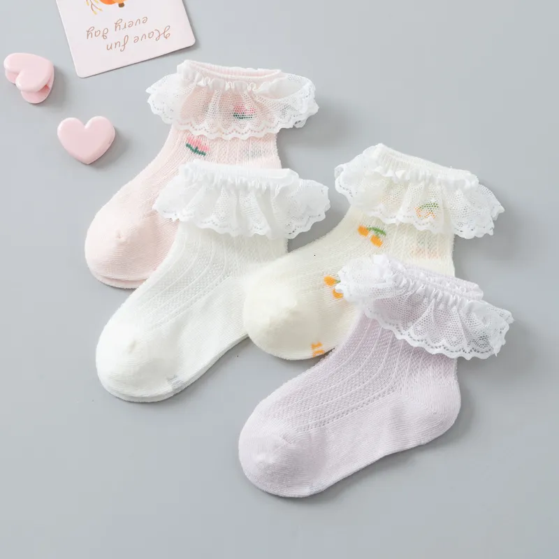 Kindersokken 4 paar kanten sokken voor kinderen lente en zomer babymeisjes Pearl Lace Princess Socks Baby Mesh dunne sokken 230408