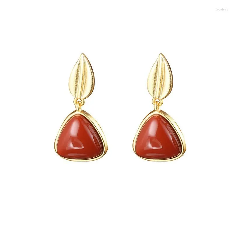 Stud Earrings ES210 ZFSILVER S925 Silver Korean Fashion Trendy South Red Agate Dangle Geometry Leaf Jewelry Women Match-all Girl Gift