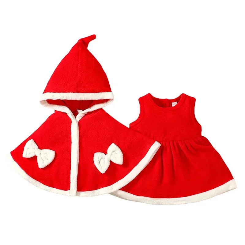 Conjuntos de ropa Pudcoco Niños pequeños Niños Bebés Traje de Navidad Vestido de botón de cuello redondo sin mangas rojo con capa con capucha 6M-3T 231108