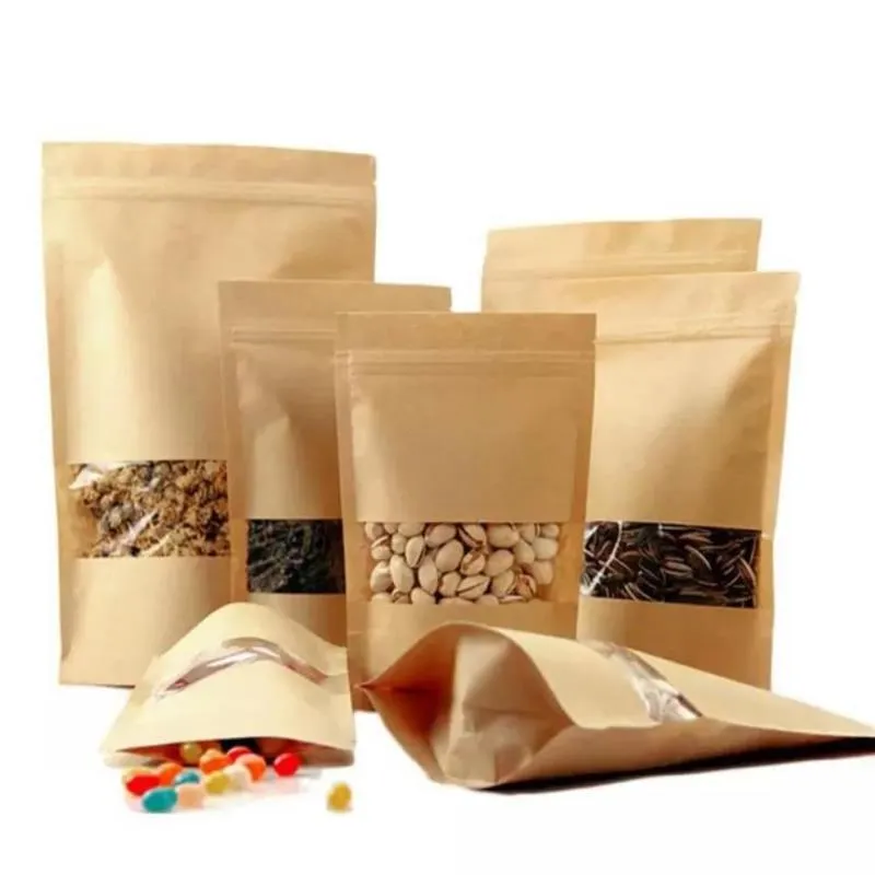 100 PCS/Lot Kraft Paper Bag Zipper Stand Up Food Food Acags Arsable Sealing Pouches مع أكياس نافذة شفافة Susow