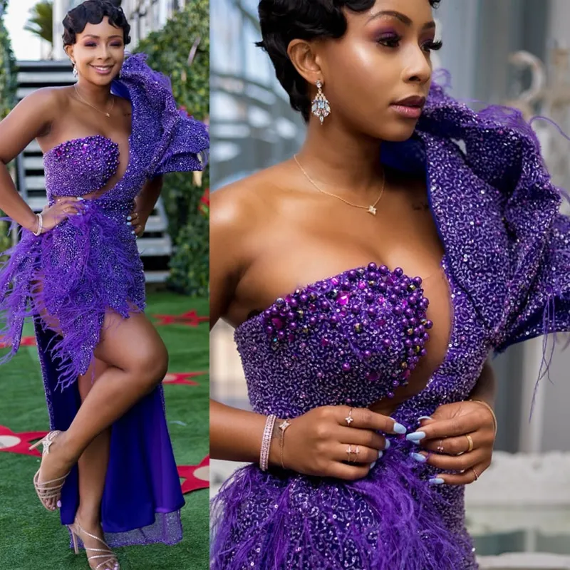 Abiti da ballo asimmetrici viola Una spalla Piuma Spacco laterale Abiti sexy eleganti Robes de soiree Abito da sera con paillettes scintillanti con perline Abiti africani Cocktail