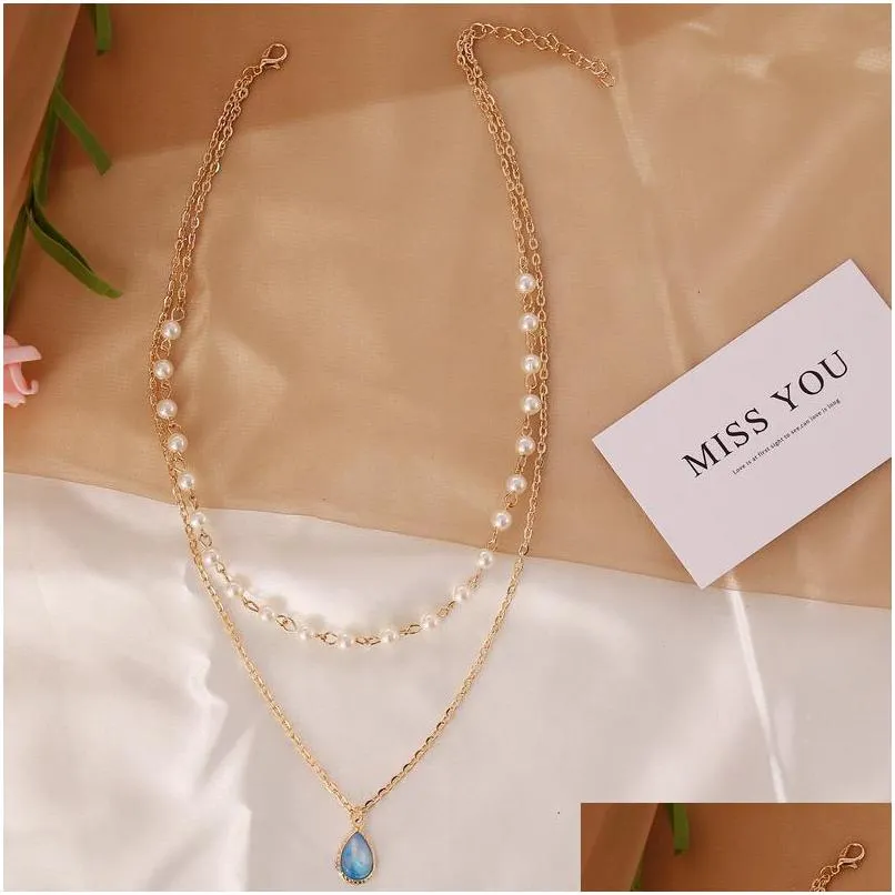 Pendant Necklaces Elegant Imitation Pearl Water Drop Semiprecious Stone Necklace Women Vintage Geometric Clavicle J Dh5E4