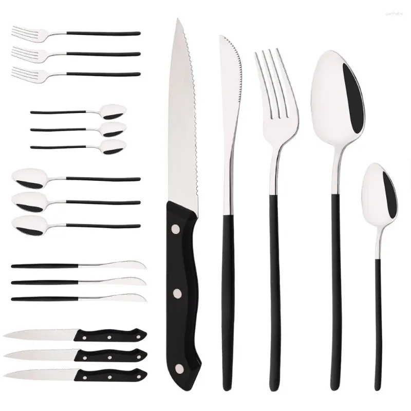 Servis uppsättningar 20 st/set svart silvergaffel sked vass stek kniv rostfritt stål bestick set silver gabelformad flatvaror