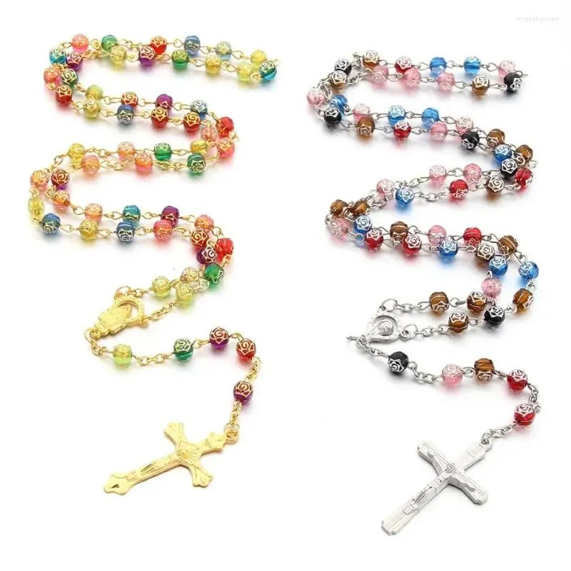 Ожерелья с подвесками 6 мм, акриловые четки для женщин и мужчин, бусины в виде роз, длинная цепочка, распятие, крест, религиозные украшения для молитвы