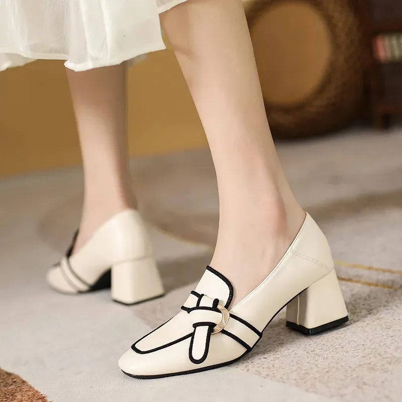 Kleid Schuhe Frauen Retro Bowknot Loafers Frühling Quadratischen Kopf Frauen Einzelne Schuhe Klassische Dicke Heels Weiche Leder Weibliche Pumpen Zapatos de Mujer 231108