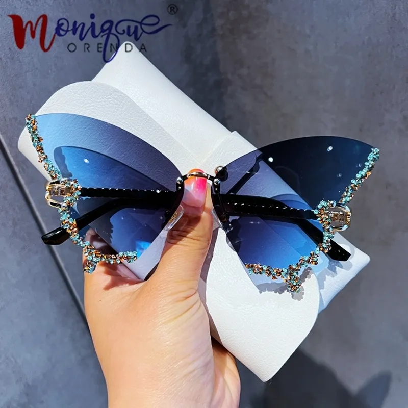 Solglasögonramar Luxury Diamond Butterfly Women Brand Y2K Vintage Rimless Sun Glasses Ladies Eyewear Gafas de Sol 230407