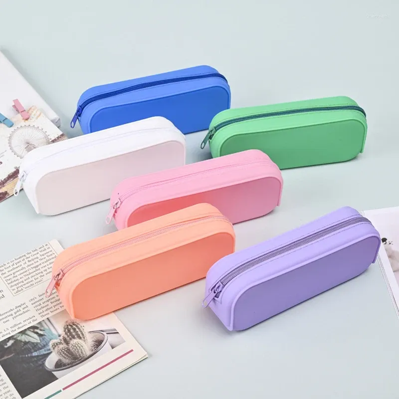 Macaron Color Silicone Pencil Case Cute Stationery Organizer Pouch School Supplies Simple Student Large Capacity Bag