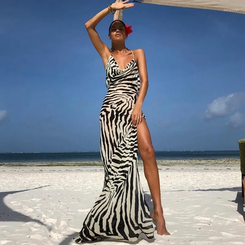 Vestidos casuais vestido de praia de verão para mulheres estilo zebra listras sexy sem costas maxi moda split halter manto