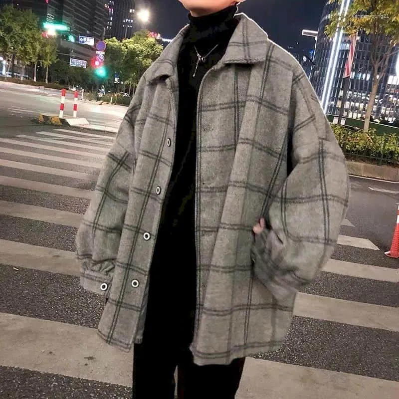 メンズジャケットウールジャケット秋の冬ハイストリートプラスベルベットティック韓国のゆるいトレンド正水山女性格子縞のエレガントなコート