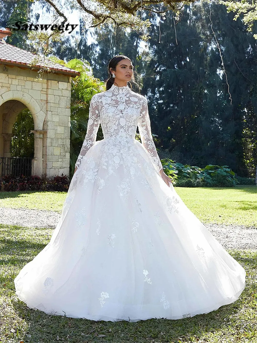 2024 luksusowy zimowy suknia ślubna kwiatowe koronki długie rękawy ślubne suknie ślubne Sheer High Szyja