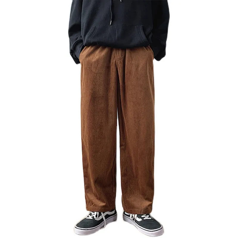 QNPQYX, nuevos pantalones de pierna ancha de estilo japonés para hombre, pantalones largos rectos de pana, pantalones holgados informales sueltos, pantalones negros para hombre 4XL