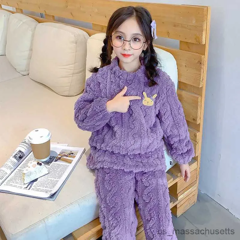 Pajamas Children Pajamas Sets Winter Boys Flannel Sleepwear Velvet Girls Thickened Home Night Clothes Suit Teenager Pijama Clothes 3-12 R231108