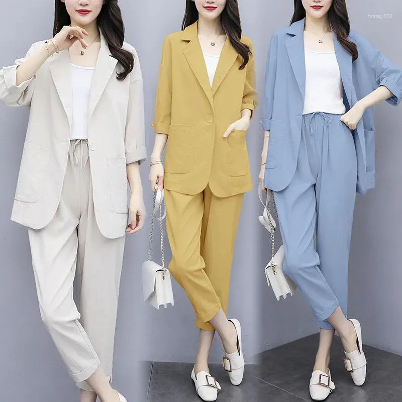 Women's Tracksuits Spring Autumn Two Pieces Sets Women Suits Cotton Linen Blazers Casual Elegant Office For Ladies Style Long Pants Set