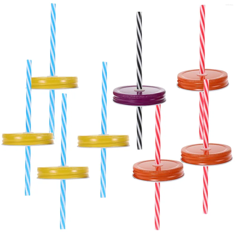 Dinnerware Decorative Regular Mouth Mason Jar Lids With Straw Hole 8 Striped Plastic Straws 1 Brush Set (Random Color)
