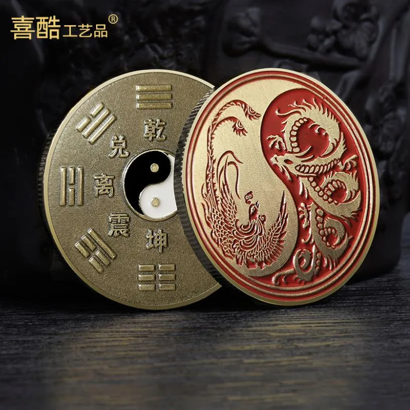 Konst och hantverk Dragon Phoenix Yin Yang Commemorative Coin Taiji åtta trigrams mystiska metallminnesmedalj