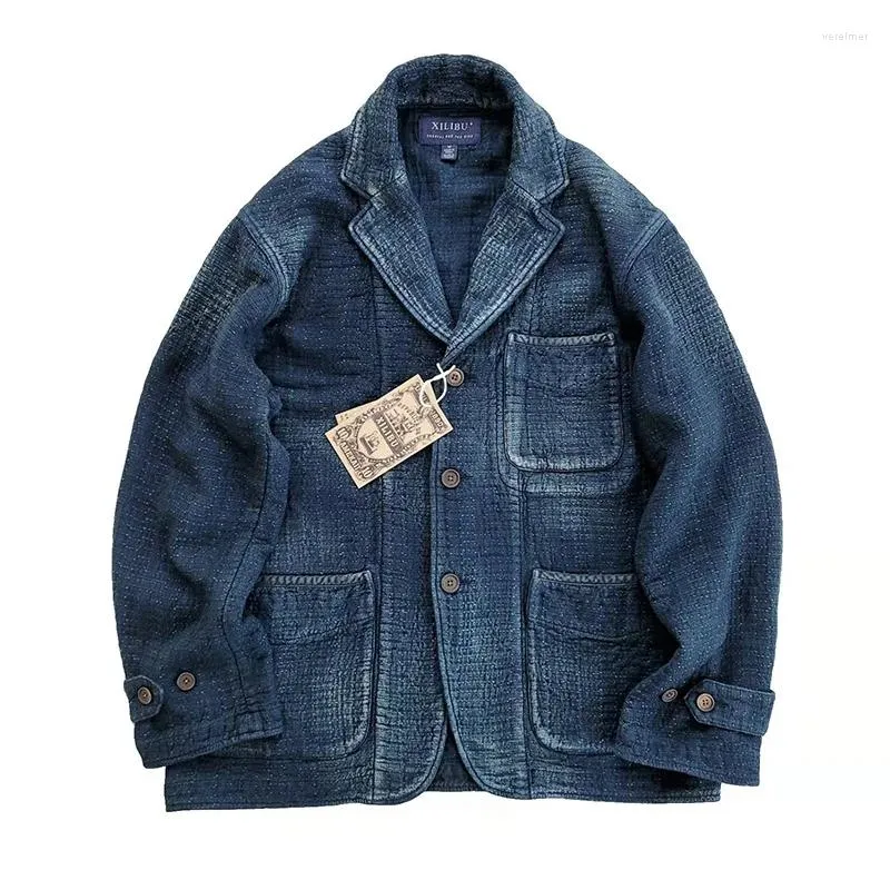 Herrdräkter sashiko kostym blazer indigo blå tjock lös höst vinter vintage jacka