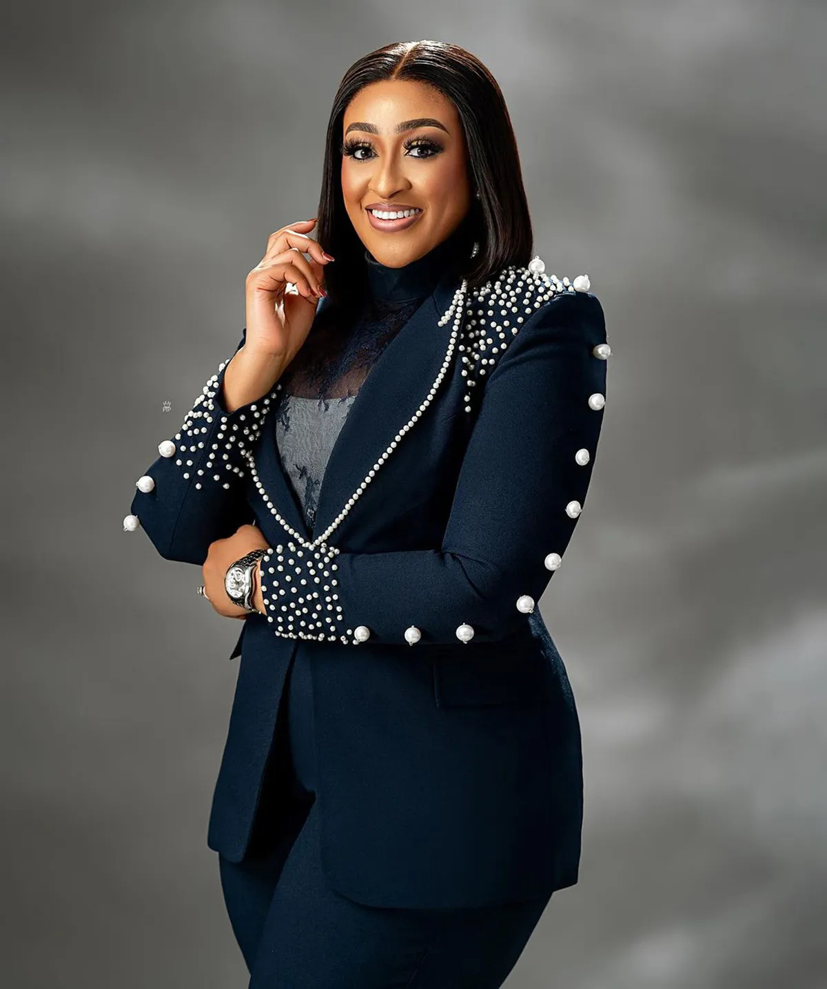 Plus Size Womens Pant Suit with Beads: Slim Fit Pearls Blazer Top Sets