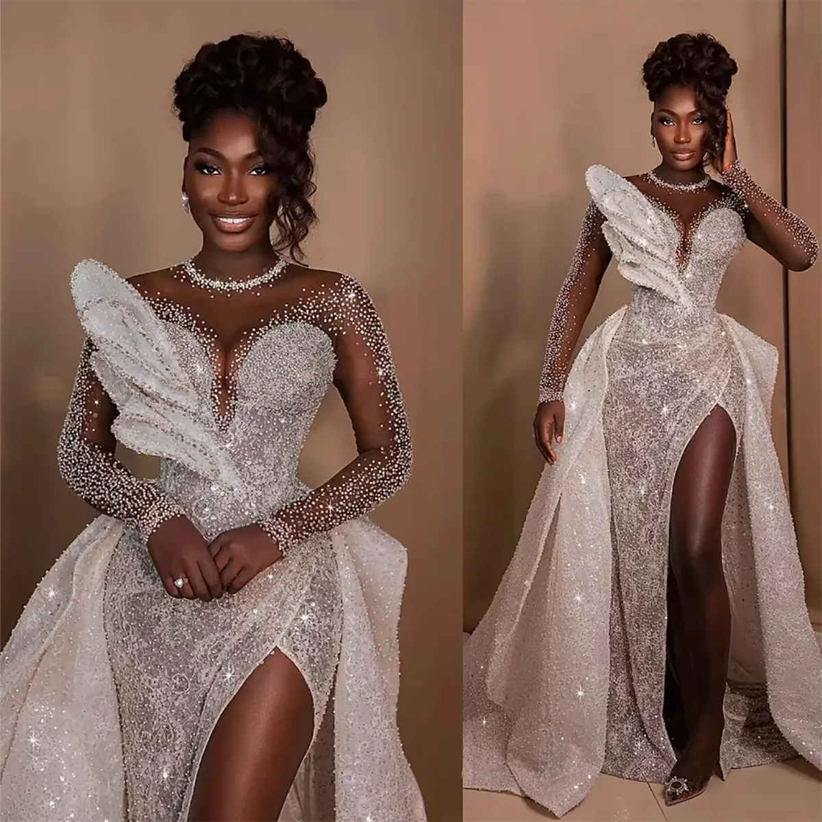 Robe de mariée sirène noire pour filles, avec perles brillantes, col transparent, sur mesure, fente haute, manches longues