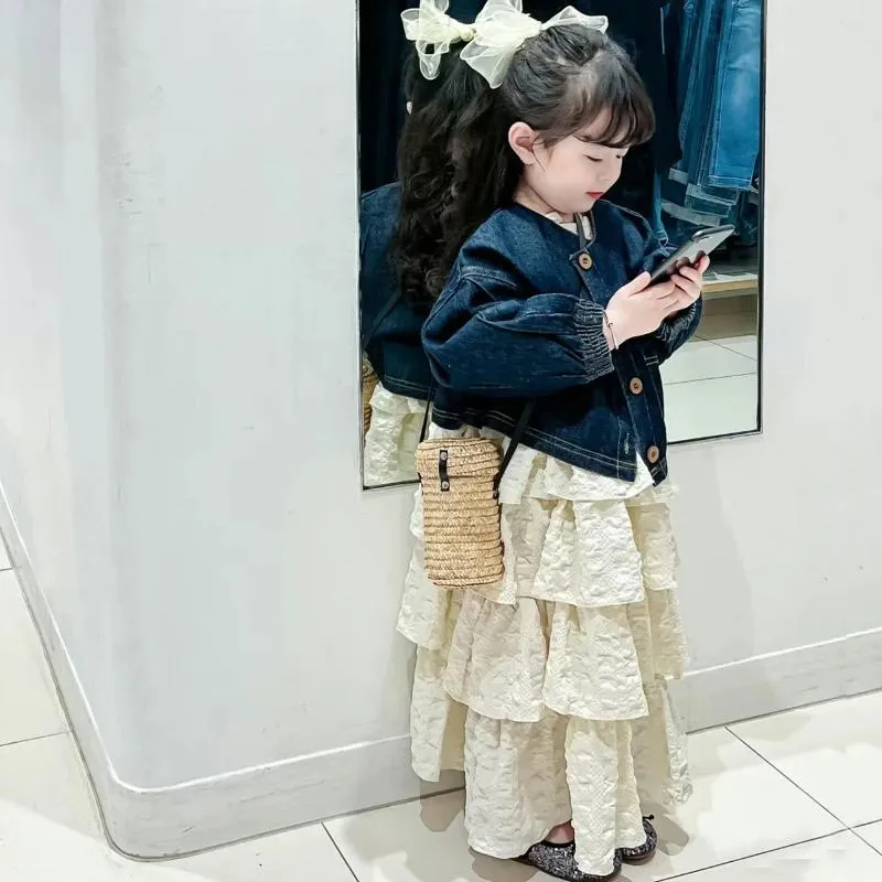 Clothing Sets Two Pieces Autumn Baby Girls Clothes Blue Single Breasted Jackets Coats Beige Sleeveless Ankle Length Tiered Dresses