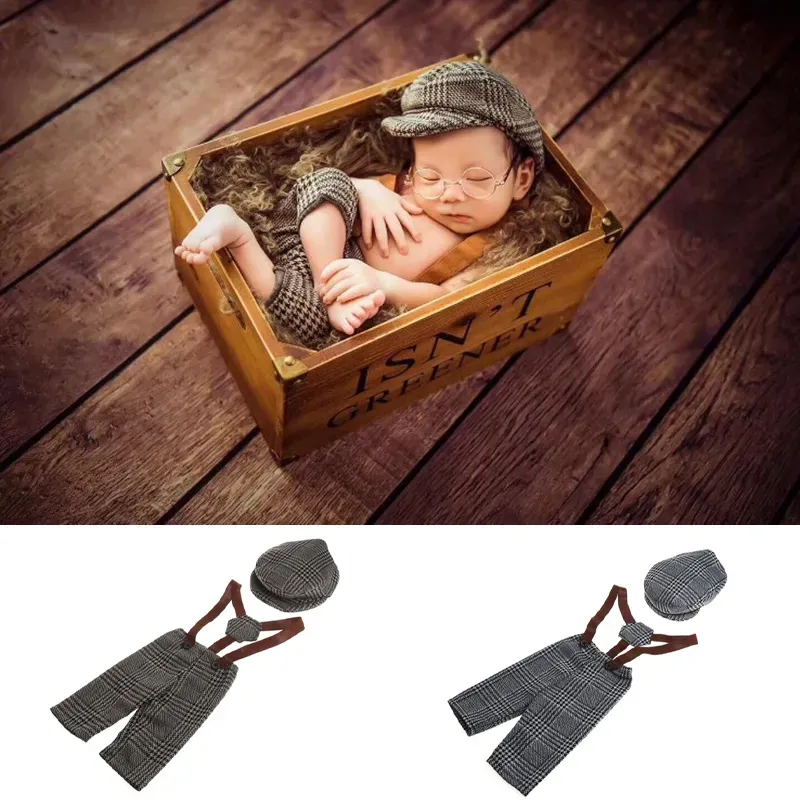Hotsell Caps Hats born Pography Props Flat Cap Sets Boy Overalls Suspender Straps for Po Shoot Bebe Hat Outfit Pants Prop Accessories 230111