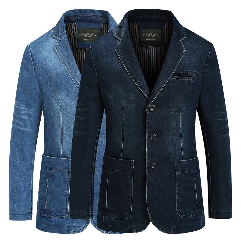 Sawmew Denim Colbert Voor Heren Herfst Denim Blazer Single Breasted Fit Pockets Suit Coat Streetwear (Color : Light blue, Size : M