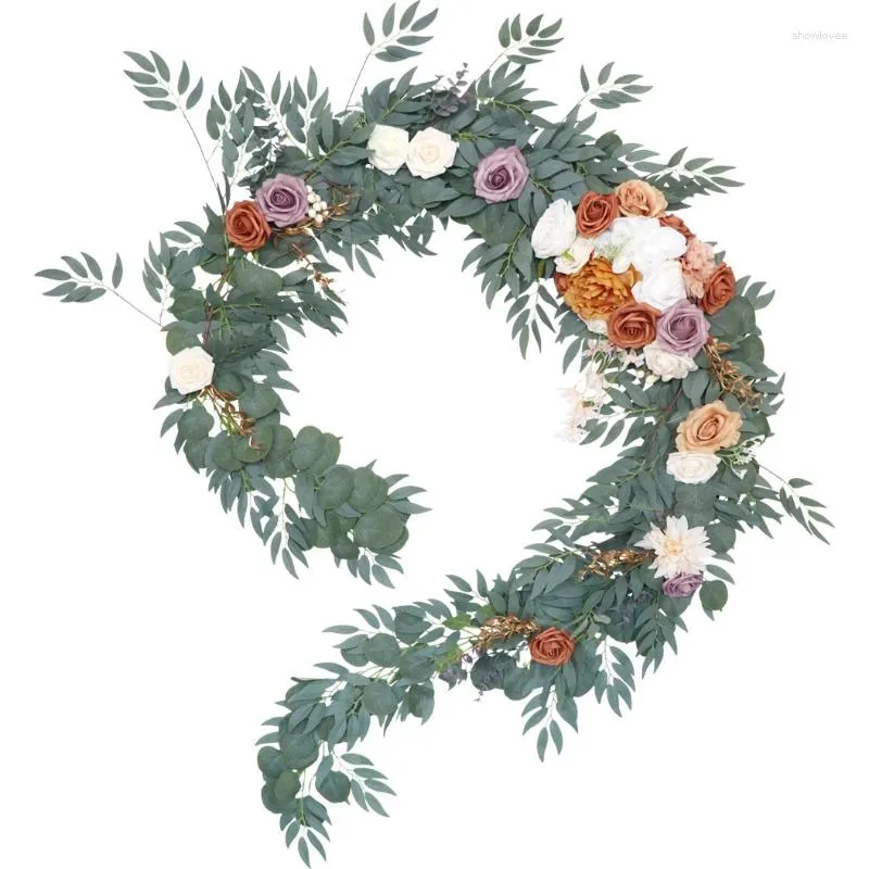 الزهور الزخرفية الرجعية الأوكالبتوس الصفصاف أوراق الكروم الورود الاصطناعية روز إكليل الزفاف القوس الخلفية المداخل الجدول عيد الميلاد ديكور المنزل