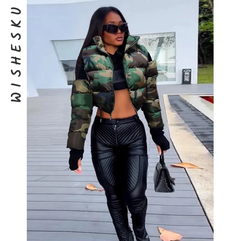 Women's Down Parkas Women Off Shoulder Hollow Out Camouflage Print Puffer Jacket Casual Zip Up Long Sleeve Turtleneck Cropped Coat 2023 Fall Winter 231108