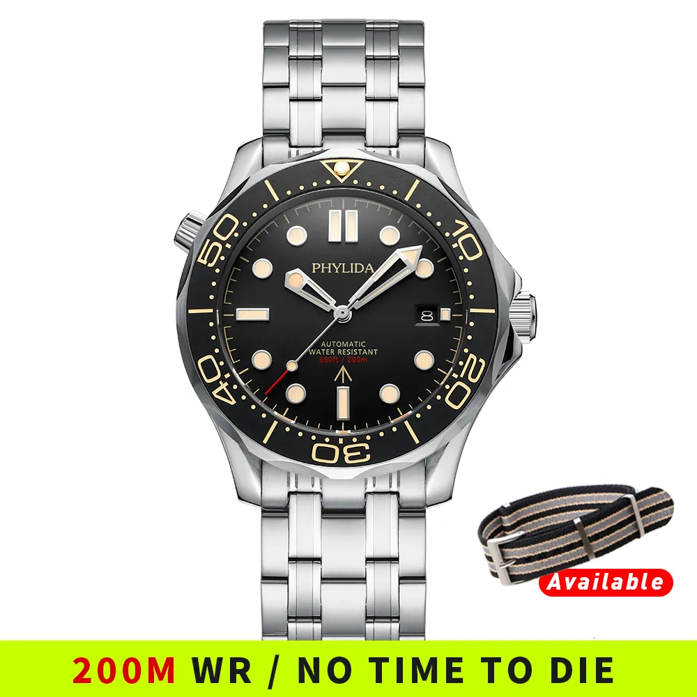 Wristwatches PHYLIDA Black Dial PT5000 MIYOTA Automatic Watch DIVER 200M 007 NTTD Style Sapphire Crystal Solid Bracelet Waterproof 20Bar 230407