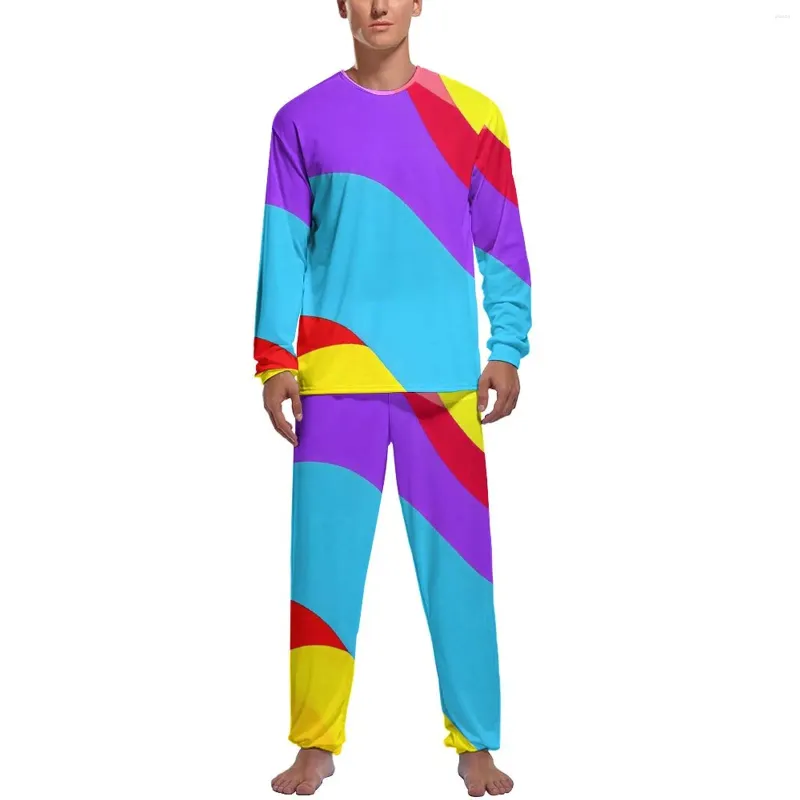 Men's Sleepwear Colorblock Print Pajamas Rainbow Swirls Male Long-Sleeve Cute Pajama Sets 2 Piece Bedroom Autumn Custom Nightwear Gift Idea