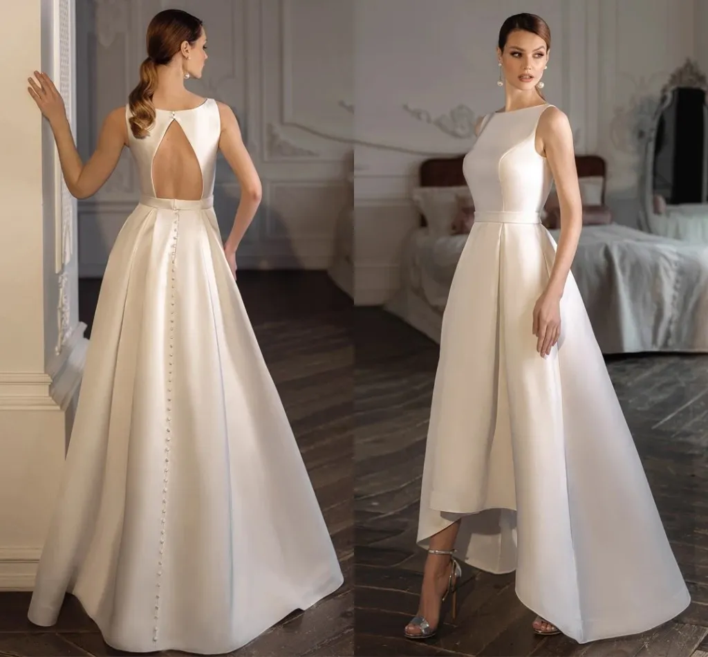 2024 Vestido de novia clásico de satén sin mangas con cuello barco para novia Botones sin espalda elegantes Vestidos formales de novia para mujer altos / bajos Vestidos De Novia