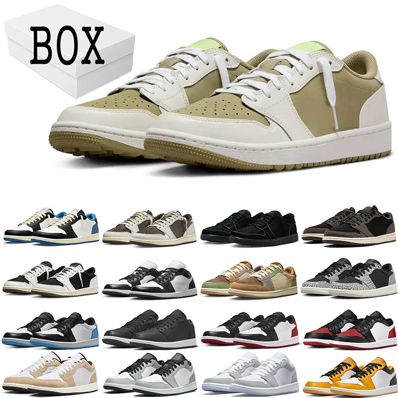 غولف Jumpman 1 أحذية كرة السلة 1S Low Traviss Scott Men Women محايدة الزيتون وولف رمادي عكسي Mocha Panda Unc Lucky Green Black Toe Outdoor Sport Sneaker Trainer