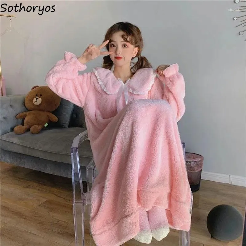 Women's Sleepwear Coral Fleece Nightgowns Women Sweet Homewear Thick Warm Winter Bow Lace Chic Lovely Midi Solid Cozy Soft Female