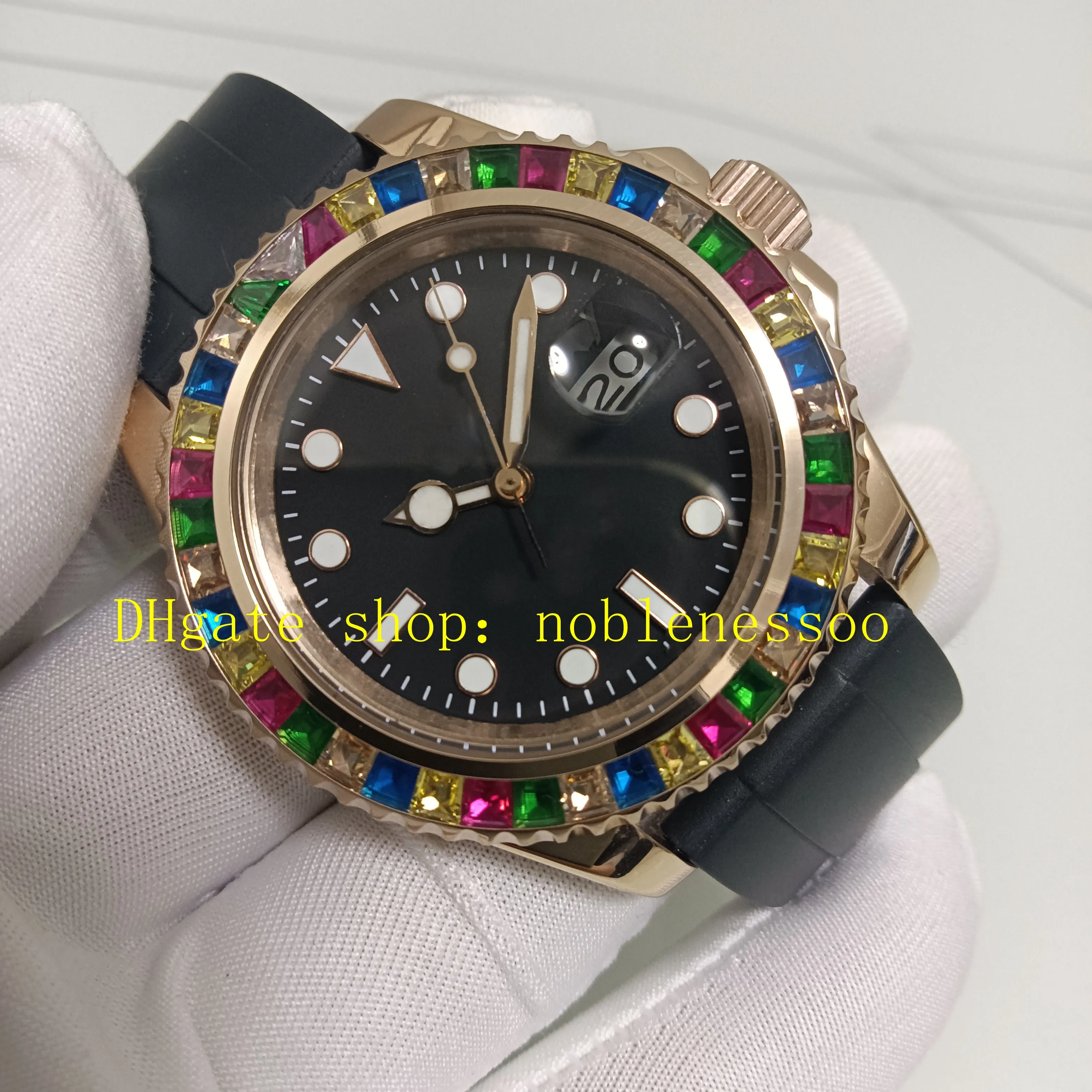 Prawdziwe zdjęcie Męskie zegarek Mężczyźni 40 mm Rainbow Everose Gold Automatyczne czarne tarcze 116695 Diamentowe mechaniczne 116695sats gumowe bransoletki sportowe zegarki sportowe