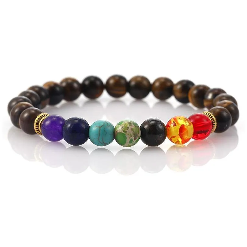 Kościa 7 Chakra Kulki Bransoletka dla mężczyzn Kobiety 8 mm Tiger Eye Kamień Naturalny Joga Leczenie olejku eteryczne Dyfuzor ręcznie robiony Brac Dh85J