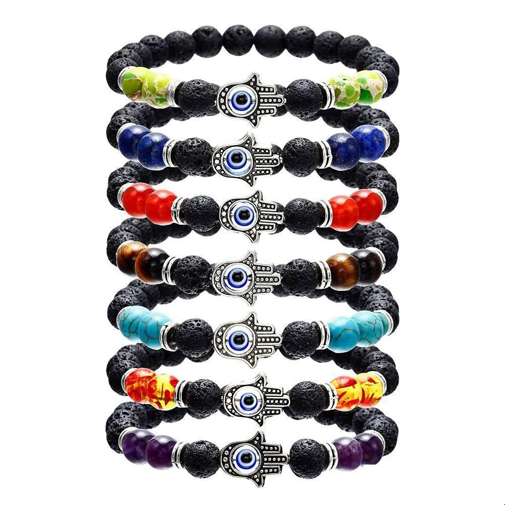 Perlen Hamsa Hand von Fatim Charm Lava Rock Perlen Armbänder für Frauen Männer Evil Blue Eye ätherisches Öl Diffusor 7 Chakr Dhgarden Dhtg4