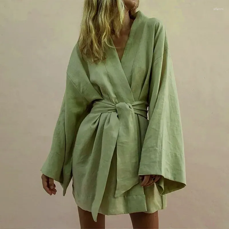 Vêtements de nuit pour femmes Col en V Kimono Cardigan Mini Robe Coton Lin Manches Longues Ceintures Robes Robe Style À Lacets Été Lâche Robes