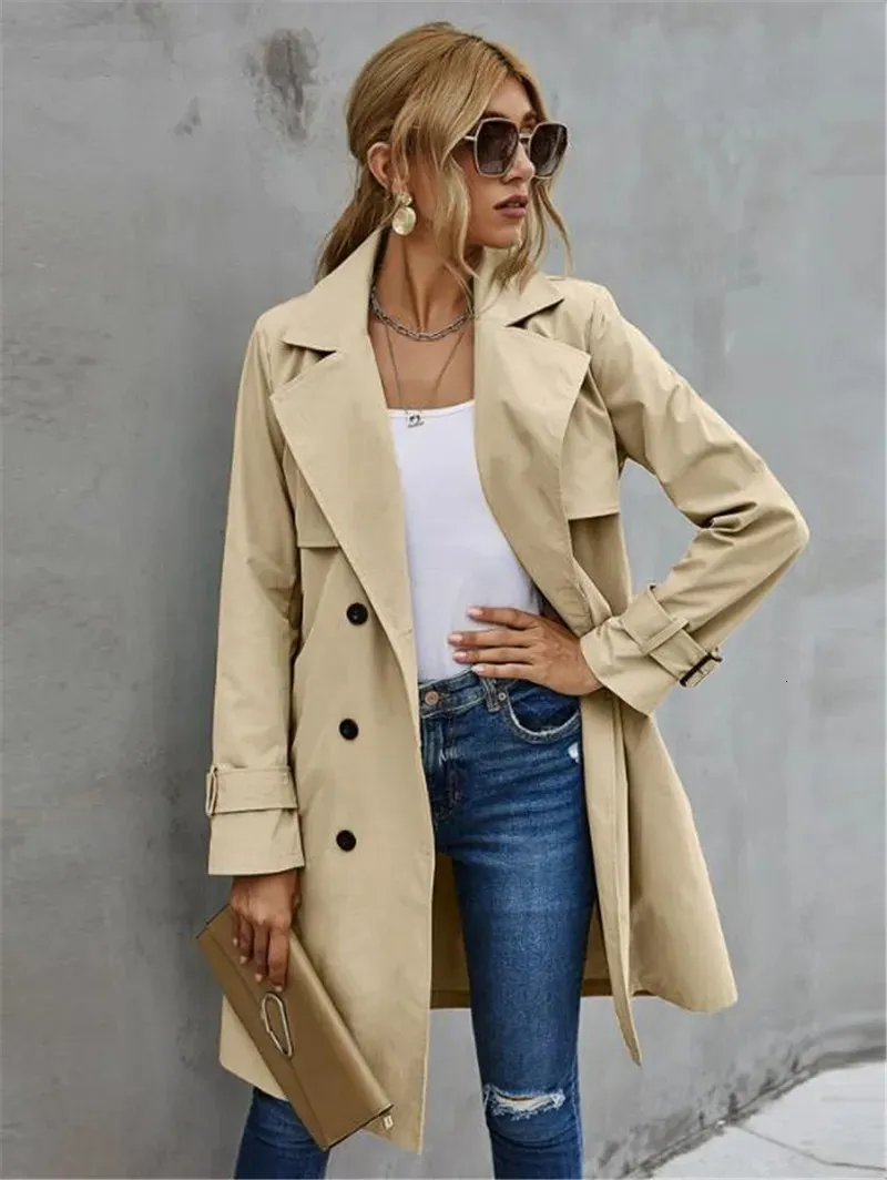 Kvinnors dike rockar Fashion Women Trench Casual Solid Color Coat Vuxen Elagant Fashion Long Sleeve Lapel Neck Double Breasted Belted Coat for Female 231108