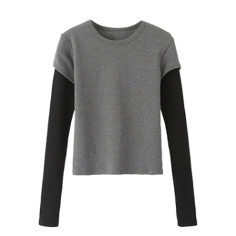 Women s T Shirt PUWD Women Grey O Neck Waffle Knit False Two Piece Tees Autumn Fashion Girls Casual Long Sleeves Top l230407